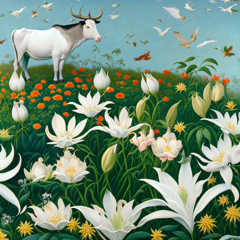 Tranquil painting of white cow in vibrant flower field