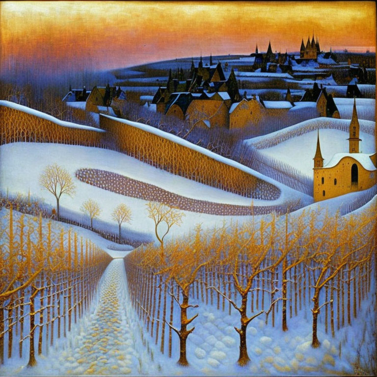 Snow-covered landscape at dusk with bare trees, central path, vineyards, and distant village.