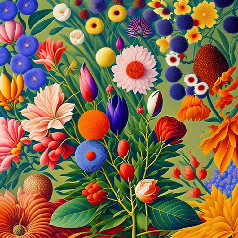 Diverse, Colorful Stylized Flowers in Lush Tapestry