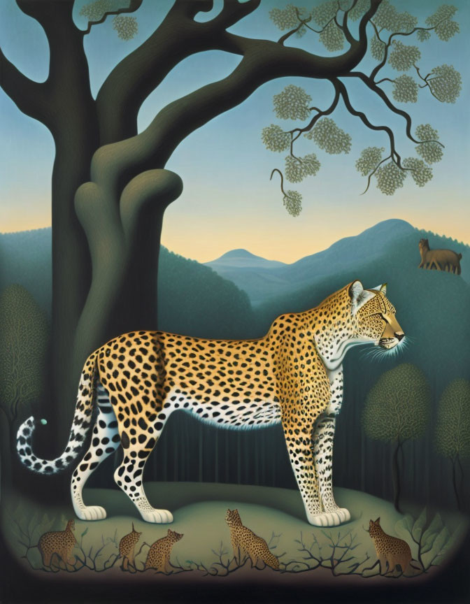 Stylized painting of leopard family in forest at dawn or dusk