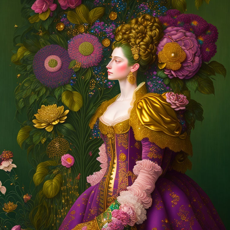 Digital artwork: Woman in purple & gold Rococo gown with floral coiffure