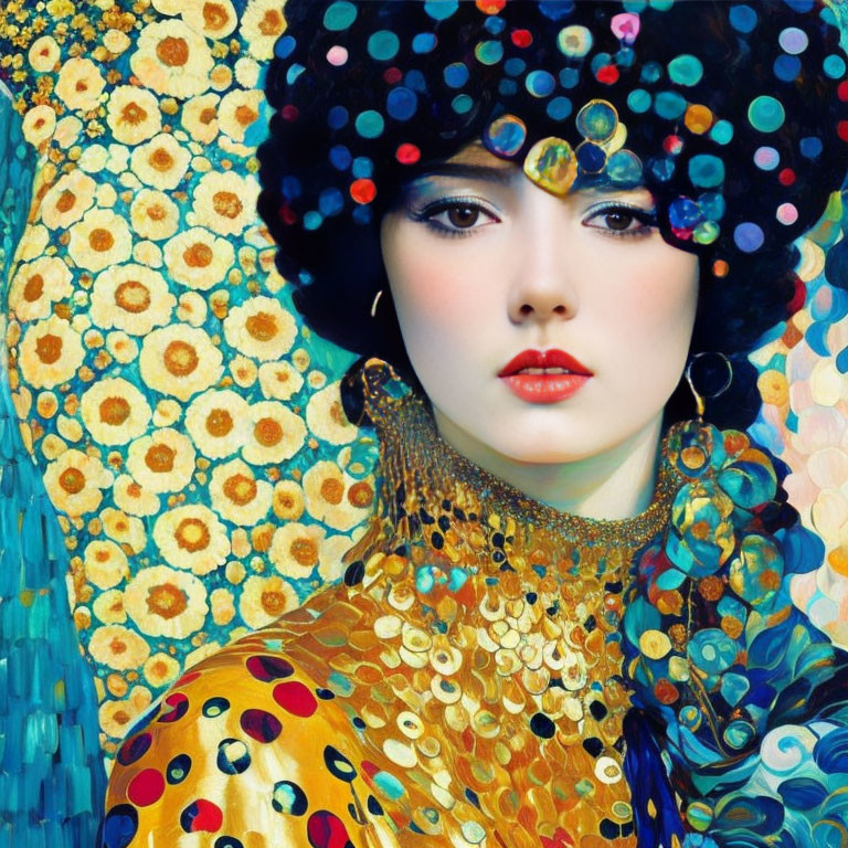 Vibrant woman in decorative attire inspired by Klimt, ornate background