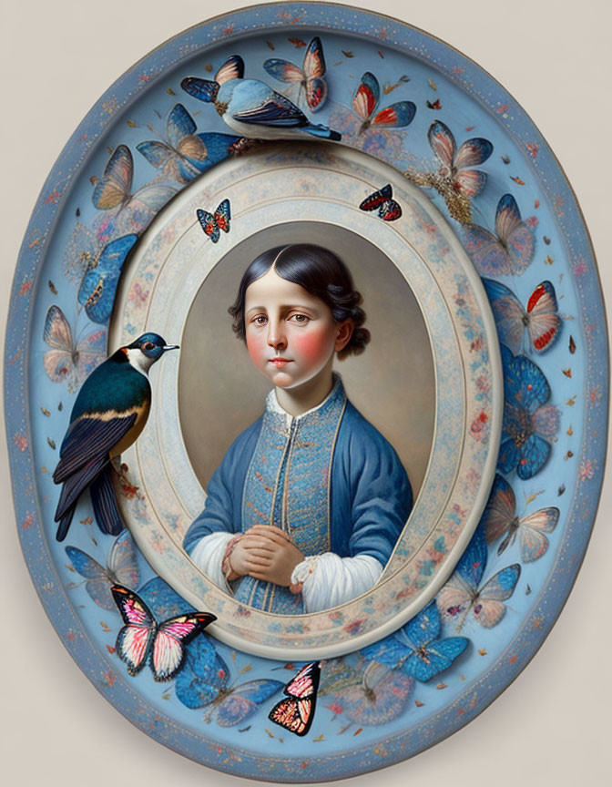 Victorian-style portrait of young boy in blue outfit with butterflies and bird on soft blue background