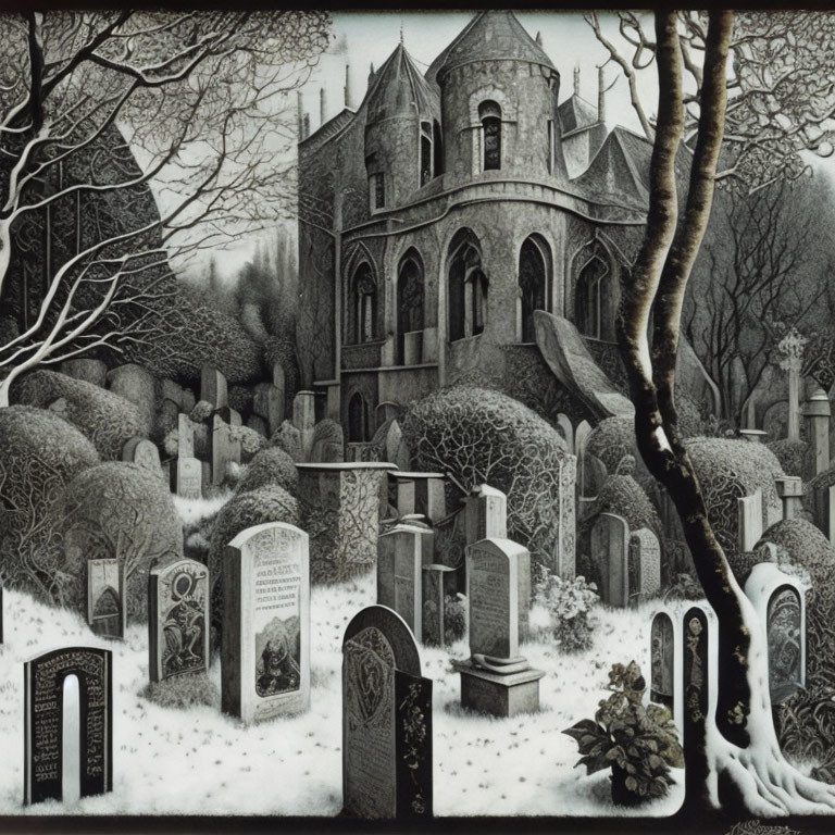 Gothic-style mansion in snowy graveyard with bare trees and headstones