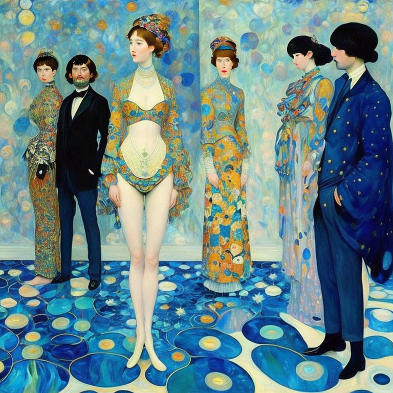 Five stylized figures in extravagant attire against a blue floral backdrop.