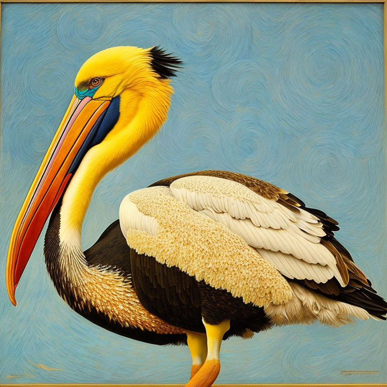 Vivid Yellow-Headed Pelican Illustration on Swirling Blue Background