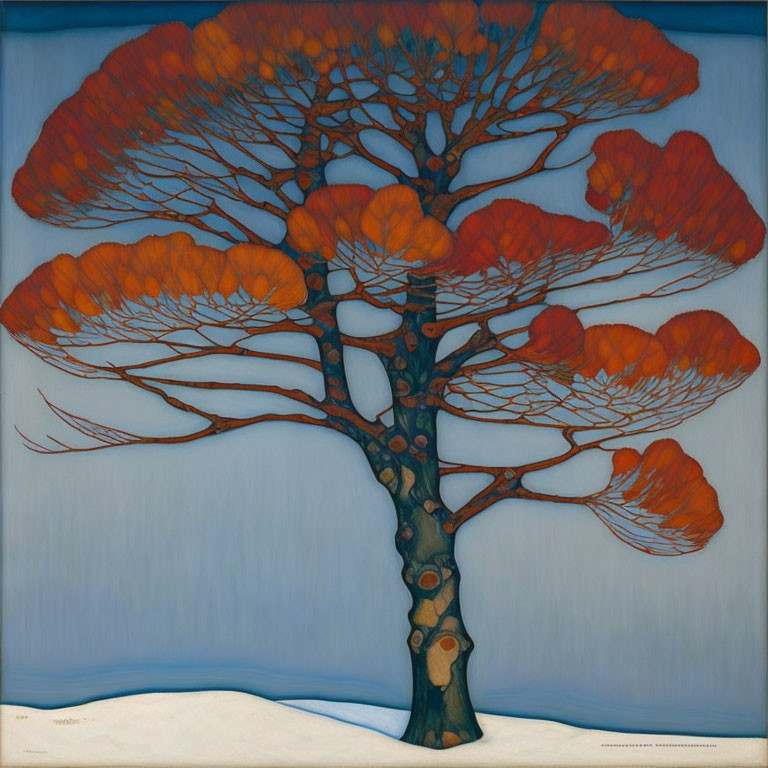 Stylized painting of solitary tree with thick trunk and reddish-orange foliage against soft blue background