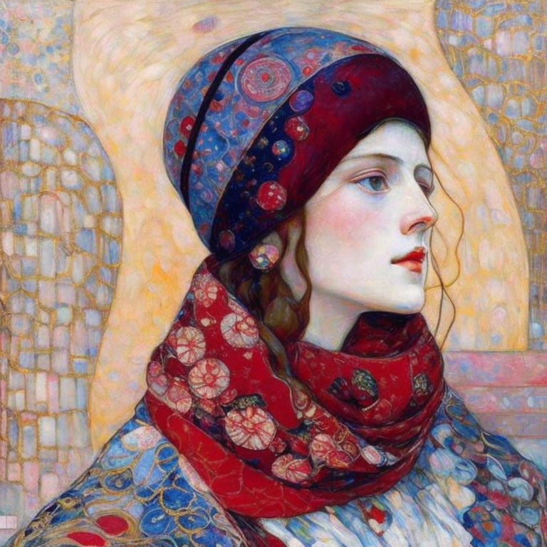 Detailed painting of woman with red and blue headscarf and mosaic background