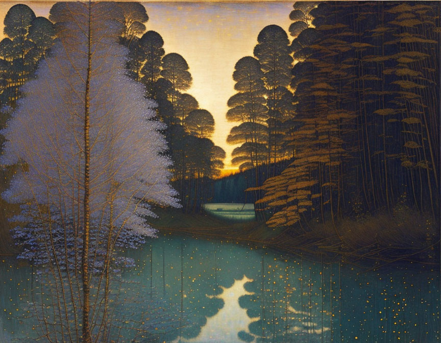 Twilight painting with silhouetted trees and setting sun