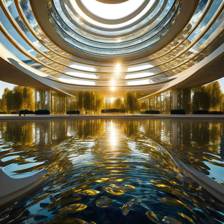 Circular atrium with reflective flooring and trees under golden-lit glass dome