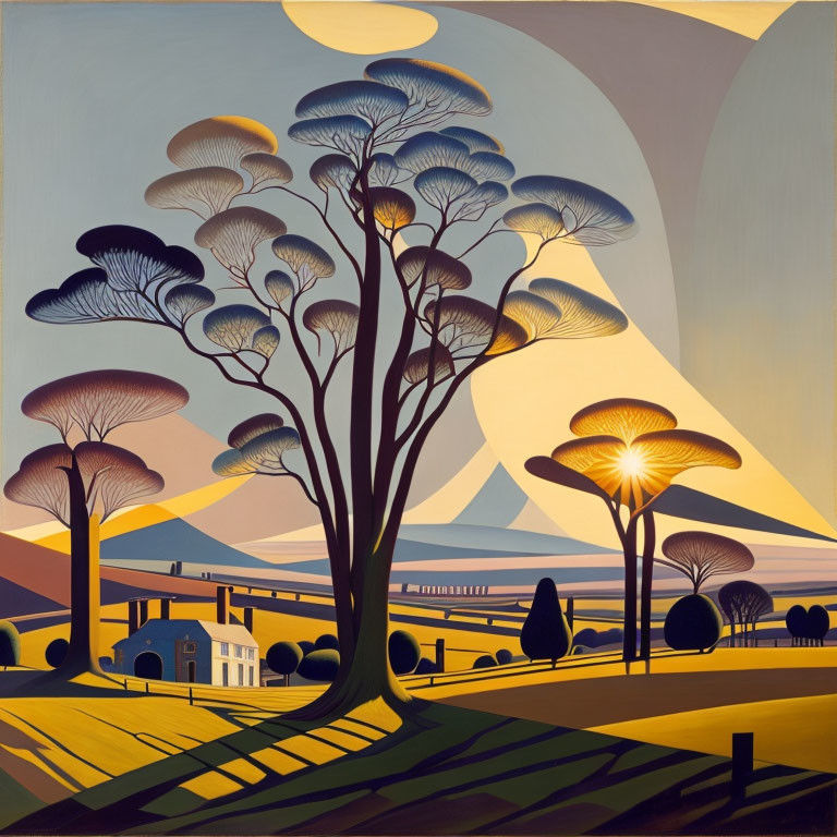 Exaggerated mushroom-like trees in a stylized landscape