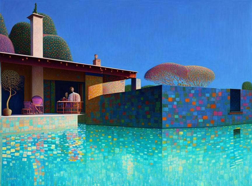 Colorful painting: Person on mosaic balcony with trees and pool