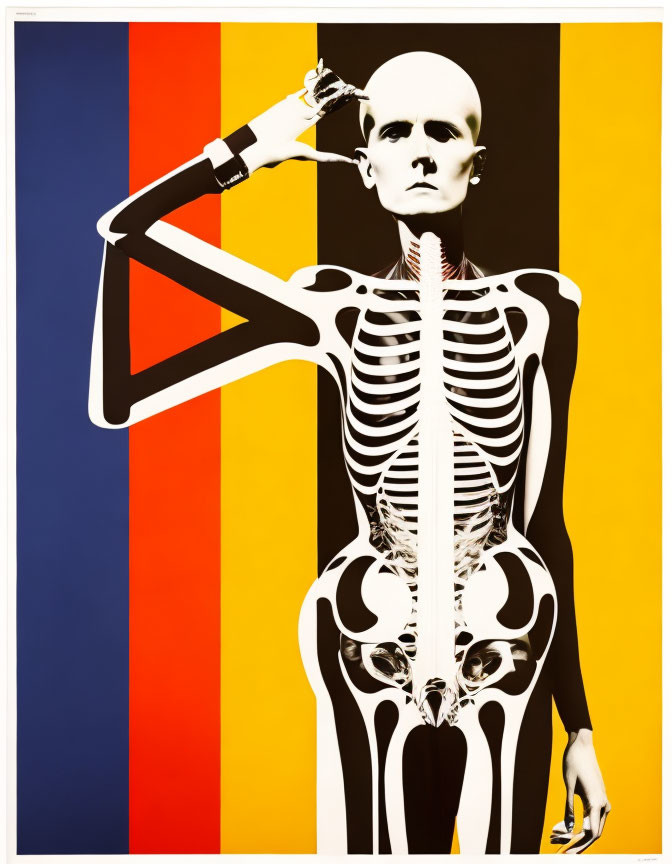 Stylized skeleton bodysuit person on colorful striped background