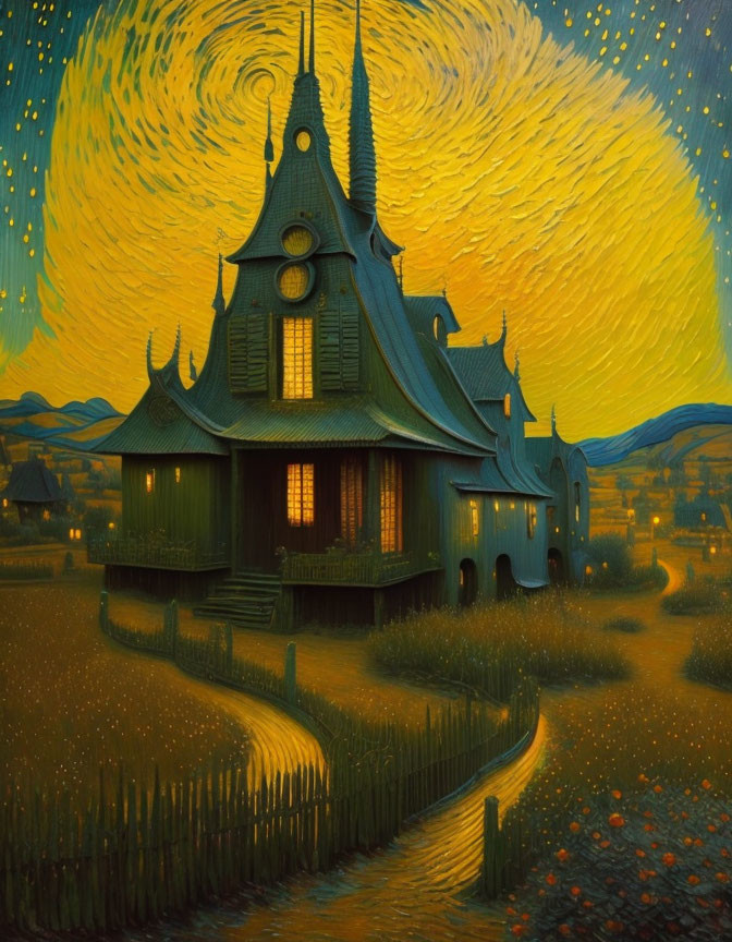 Whimsical Van Gogh-inspired painting of grand house under starry sky