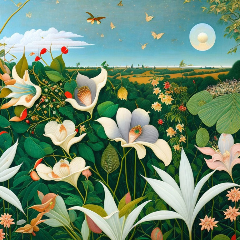 Colorful Flower and Butterfly Painting with Countryside Landscape and Dual Moons