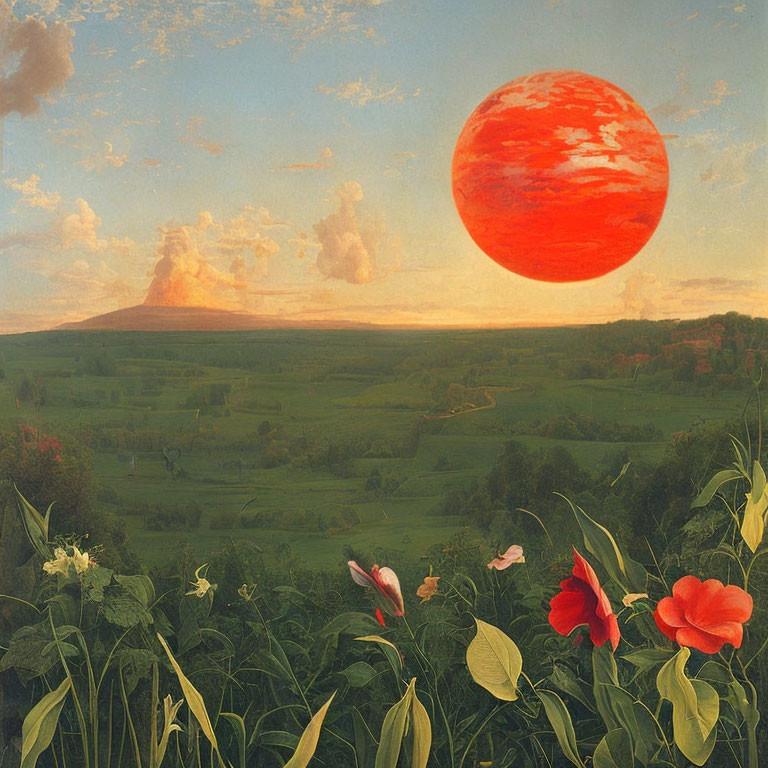 Surreal painting of oversized red sun setting over tranquil green field