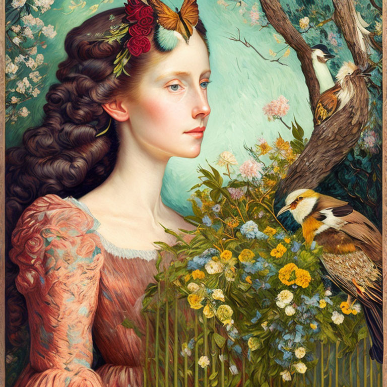 Woman with Butterfly and Nature Scene Painting