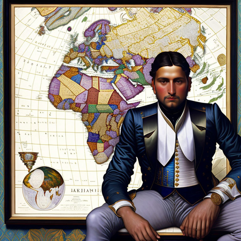 Man in historical military attire with old-fashioned world map in intricate border design