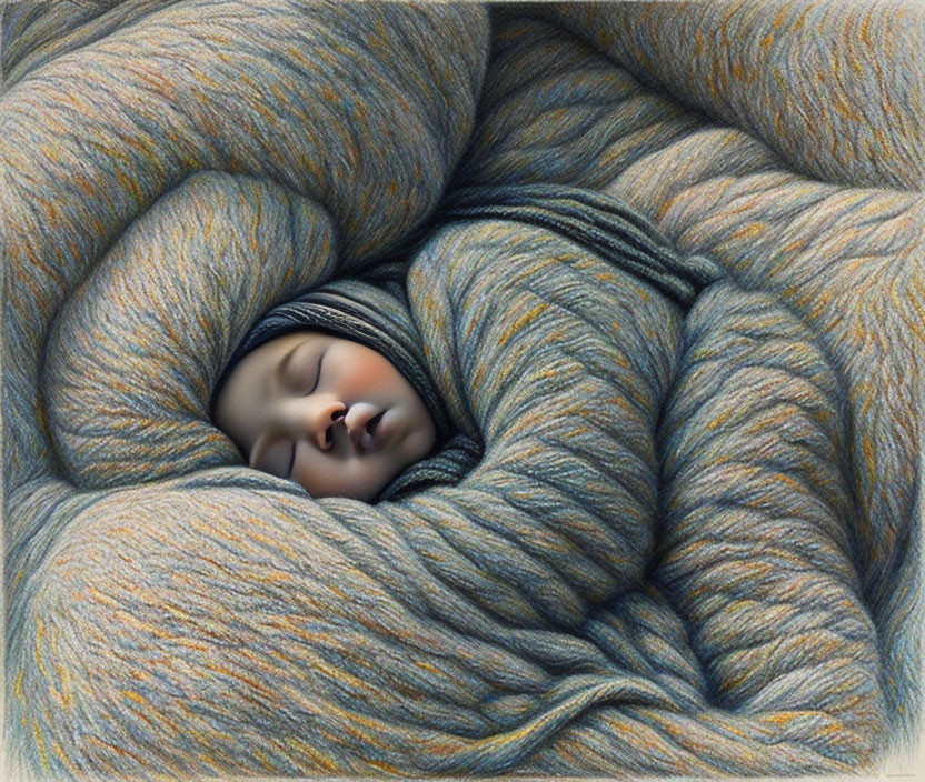 Infant sleeping peacefully in colorful yarn nest