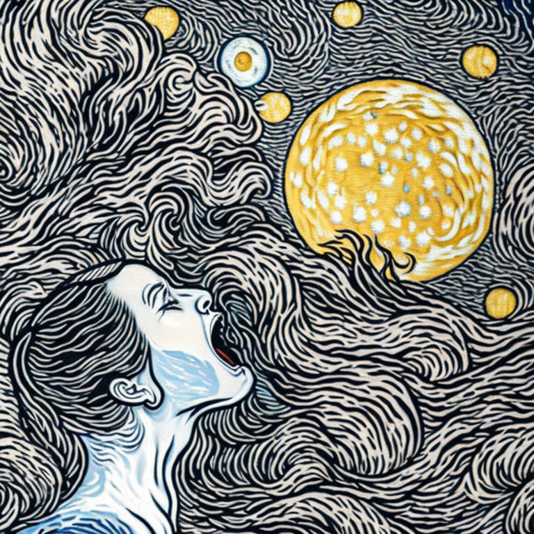 Person merging with swirling starry night sky and yellow moon