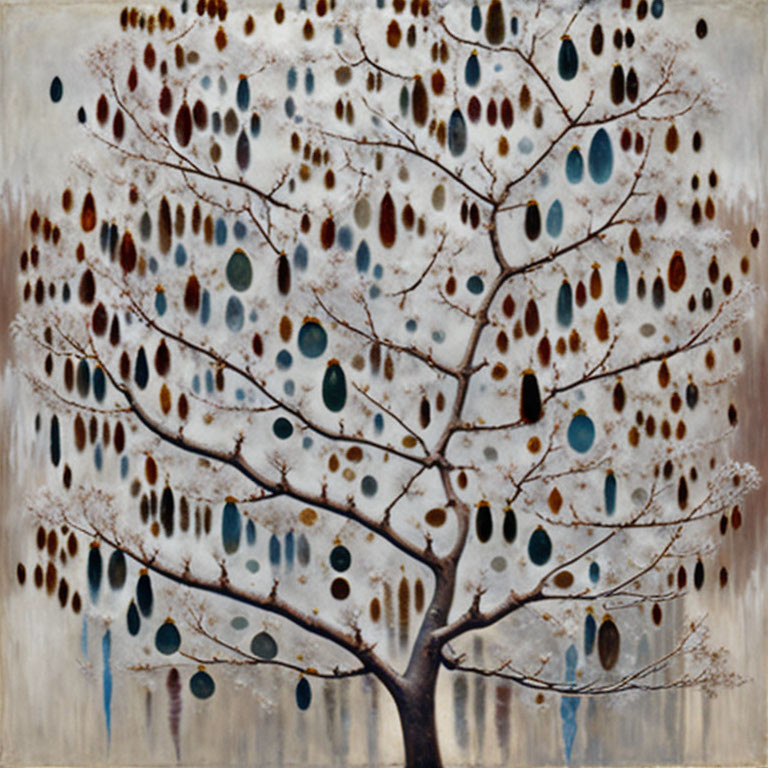 Abstract Bare Tree Painting with Circular Patterns and Various Shades