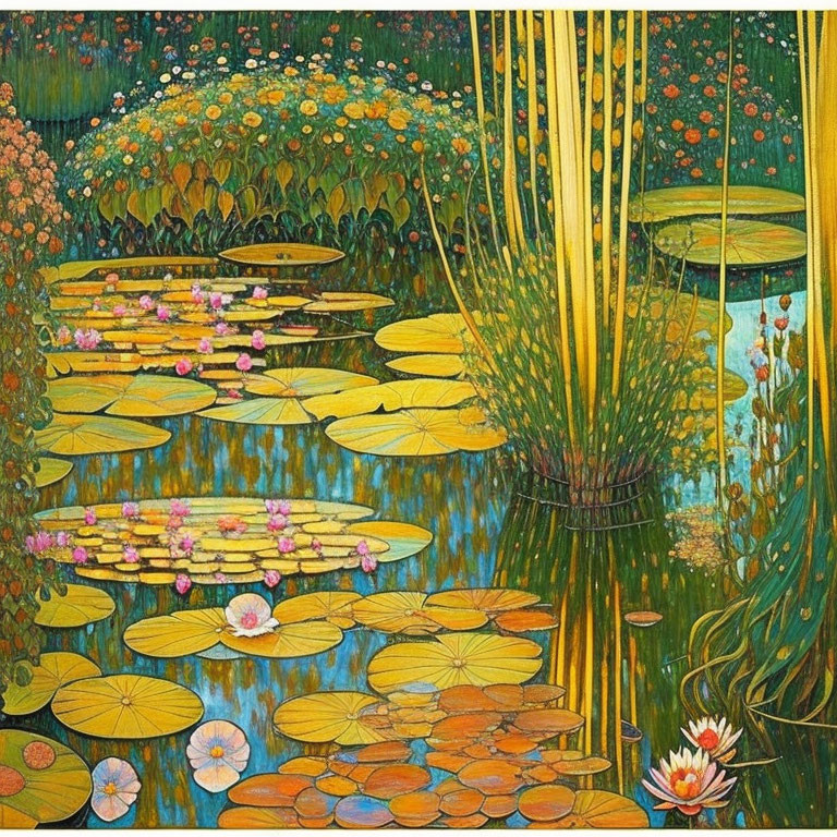 Colorful painting of a pond with water lilies, lotus flowers, and reeds in vibrant