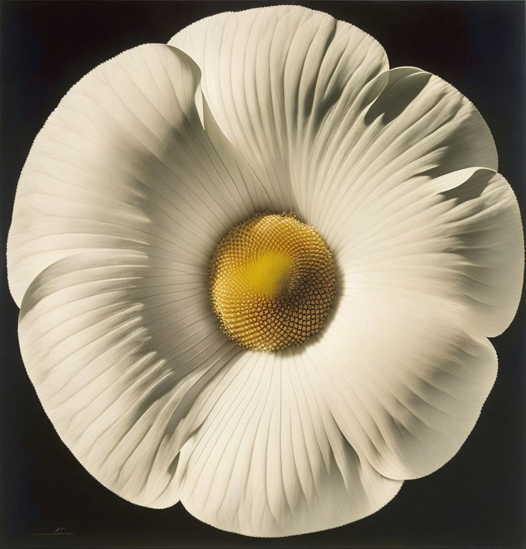 White flower with yellow center and delicate petals on dark background