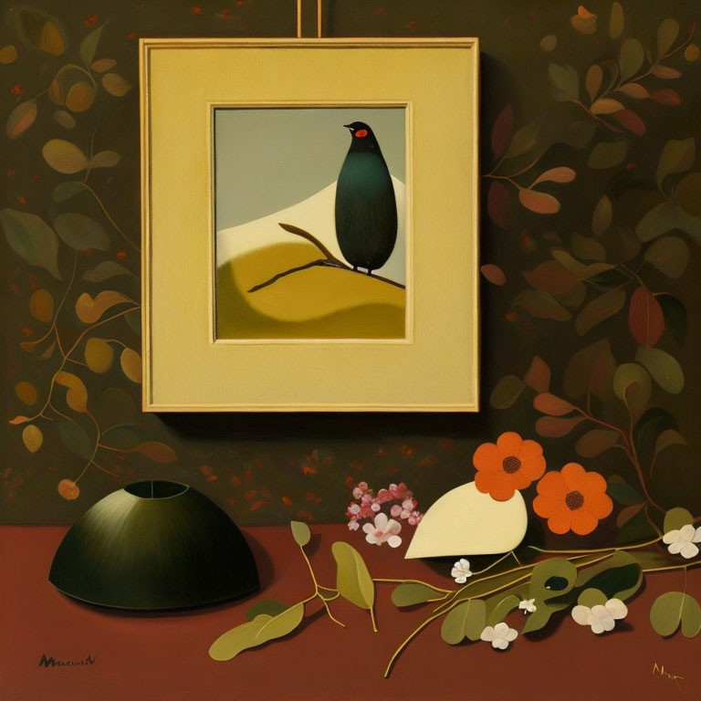 Still Life Painting: Bird on Branch with Flowers and Geometrical Shapes