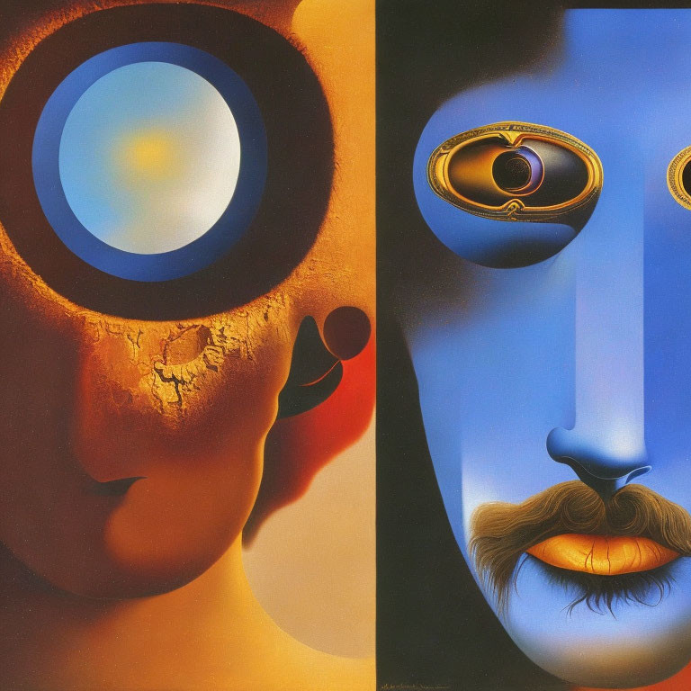 Surrealistic Artwork: Two Faces with Abstract Eyes and Realistic Mustache