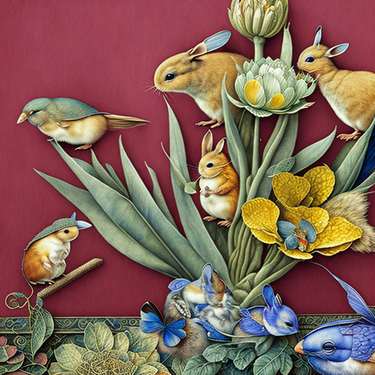 Whimsical creatures with rabbit heads and bird bodies in yellow flowers on red background