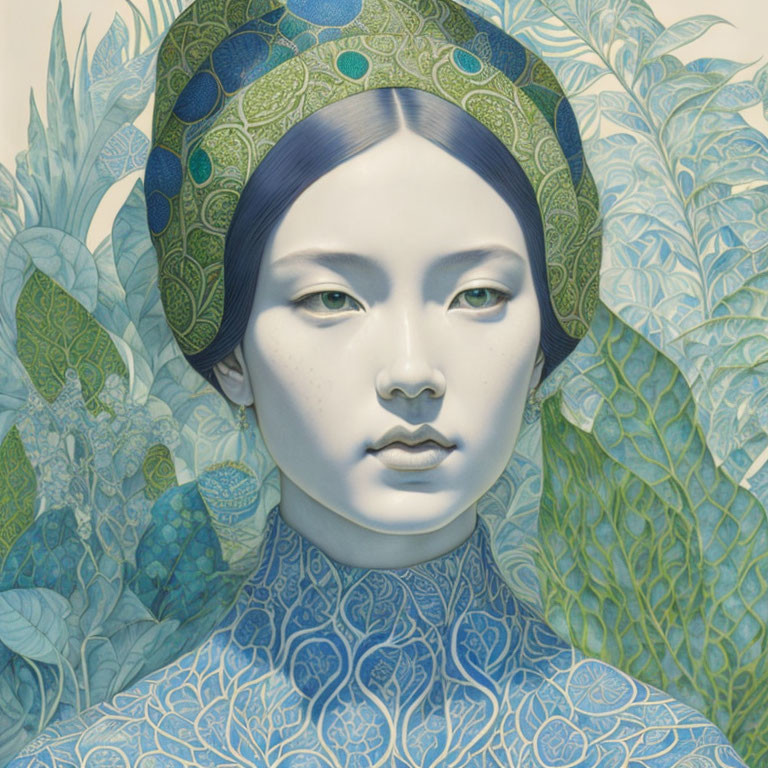 Portrait of woman with blue skin & intricate patterns, set against stylized green & blue foliage.