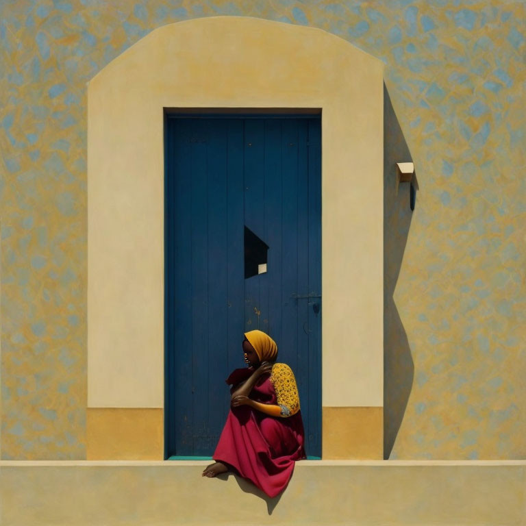 Person in red dress and yellow scarf by blue door with square window and beige wall