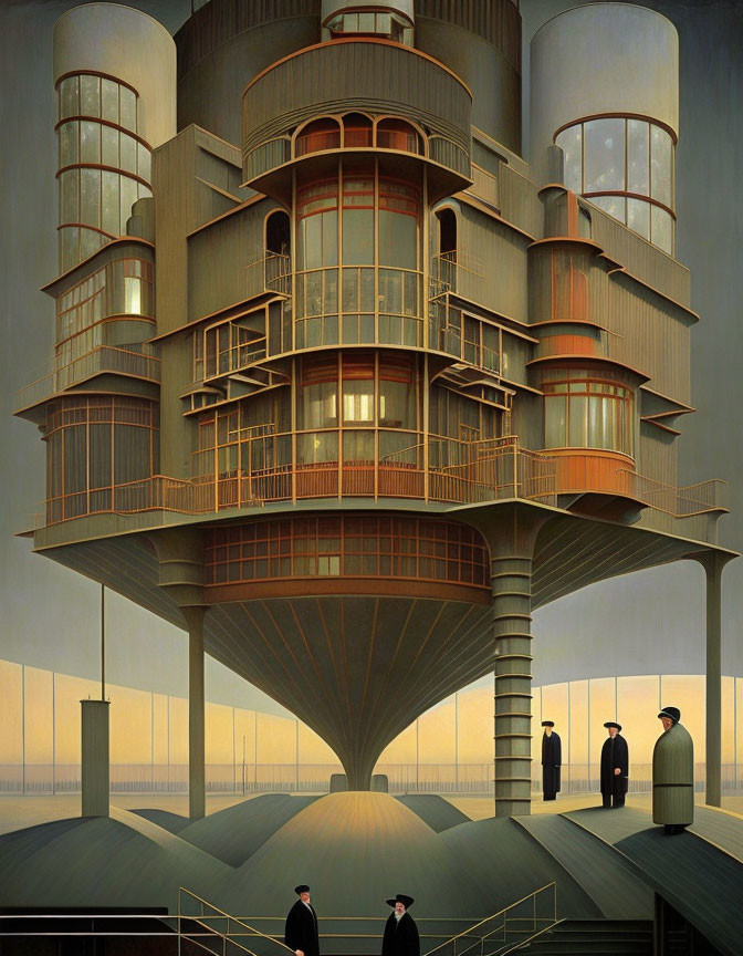 Futuristic multi-level building with cylindrical towers and vintage-clad individuals.