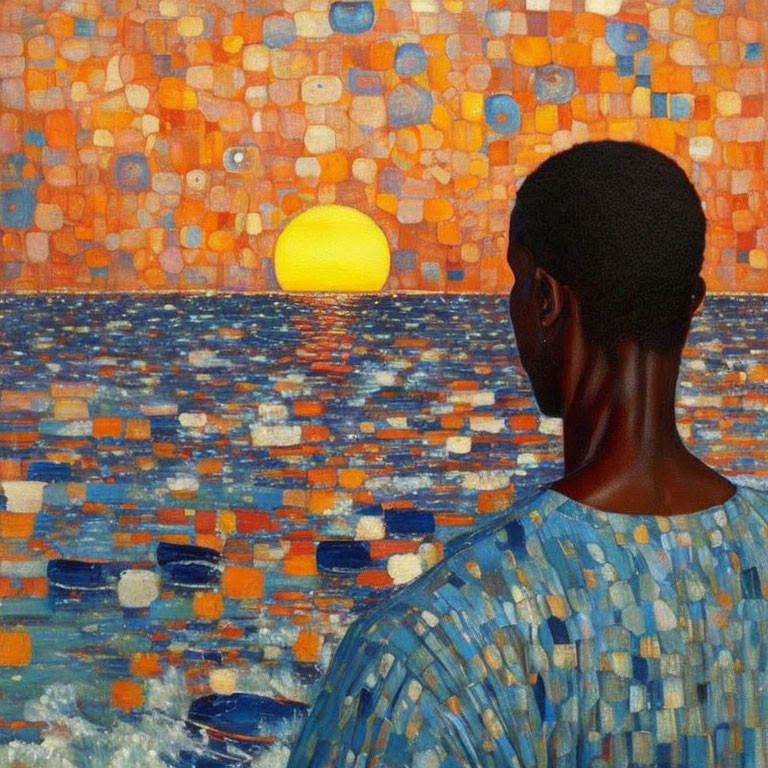 Person in Patterned Shirt Contemplating Mosaic-Like Sea at Sunset