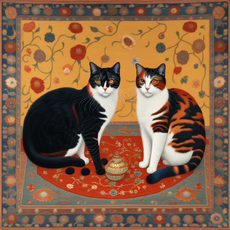 Stylized cats with unique markings on floral-patterned rug