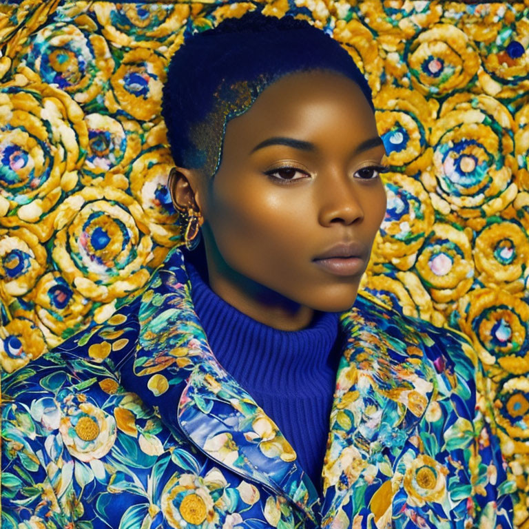 Person with short haircut, glitter makeup, floral jacket, blue turtleneck on floral background