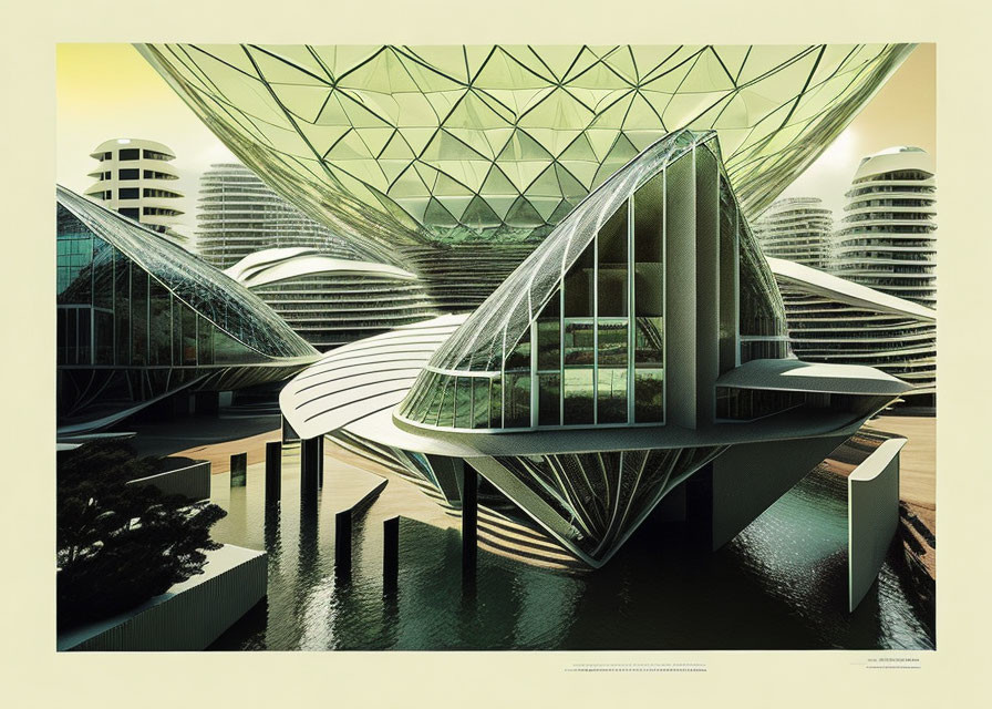 Futuristic cityscape with central dome, sleek buildings, waterways, greenery, advanced architecture