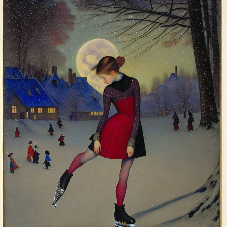 Stylized painting of girl ice-skating under a large moon in wintry village