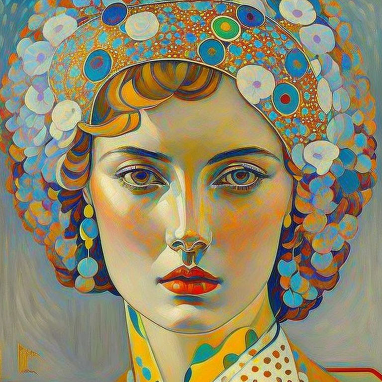 Colorful portrait of a woman in decorative hat with vintage style.