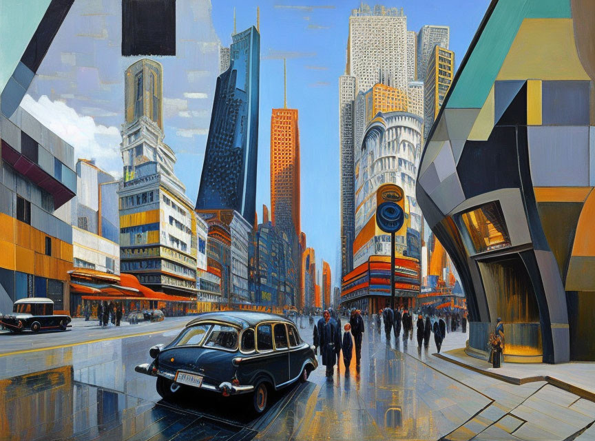 Colorful cityscape painting: retro and futuristic architecture, vintage cars, people, blue sky.