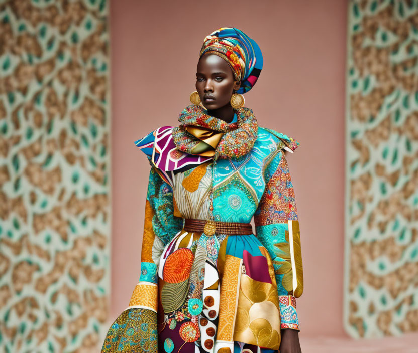 Fashion model in African-inspired attire against leopard print backdrop