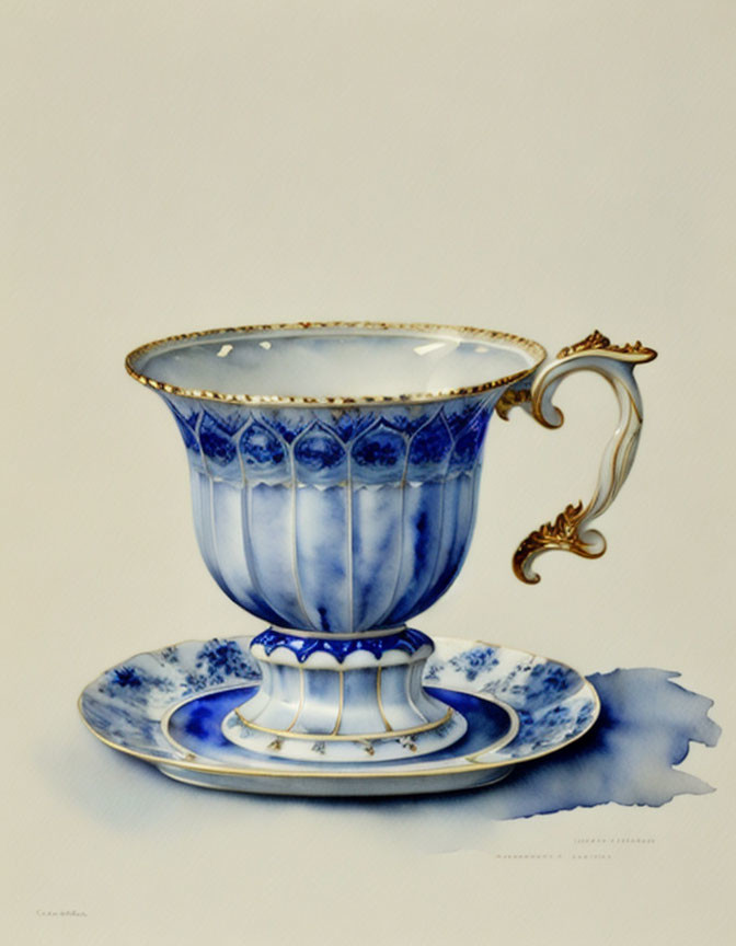 Blue and White Porcelain Teacup with Gold Handle and Watercolor Spill Effect