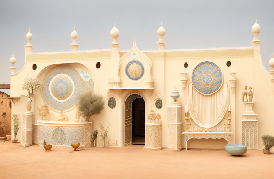 Cream Facade, Blue Mosaic Details, Rounded Arches: Middle Eastern Style Building