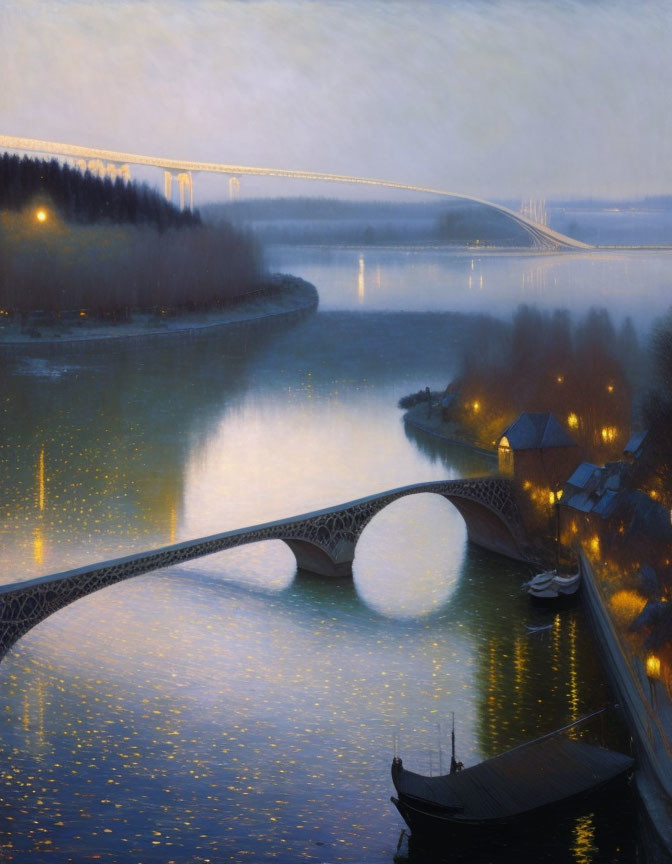 Twilight scenery: two bridges, boat, calm river, hazy trees under dusky sky