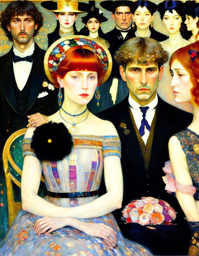 Vibrant painting of solemn-faced individuals in formal attire