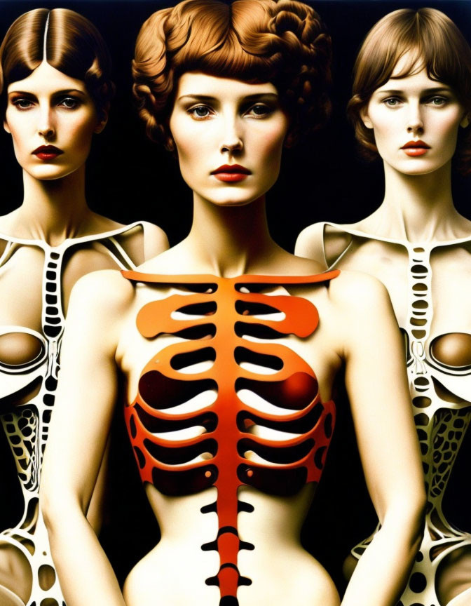 Vintage Hairstyle Women with Ribcage Body Paint on Skin-Toned Background