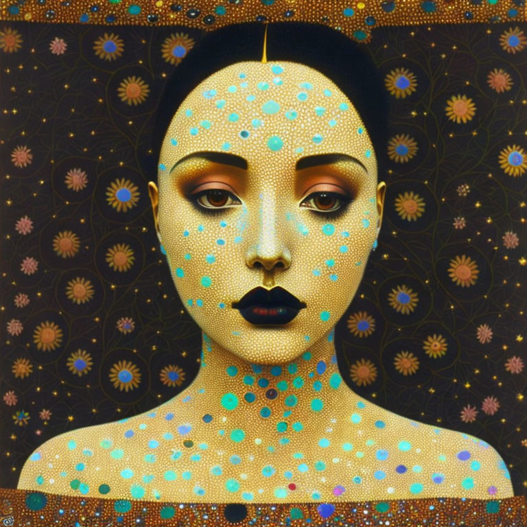 Surreal portrait of woman with dotted skin and golden floral patterns