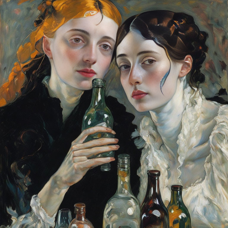 Vintage style portrait of two women with tear and bottles.