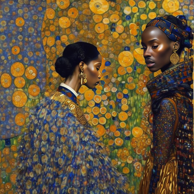 Digital artwork blending woman's portrait with Gustav Klimt's "The Kiss" style, vibrant