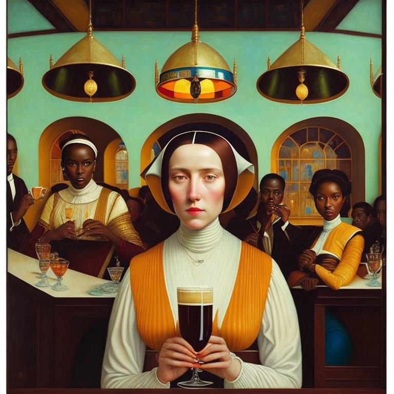 Diverse group in bar setting with oversized beer glasses and central woman figure